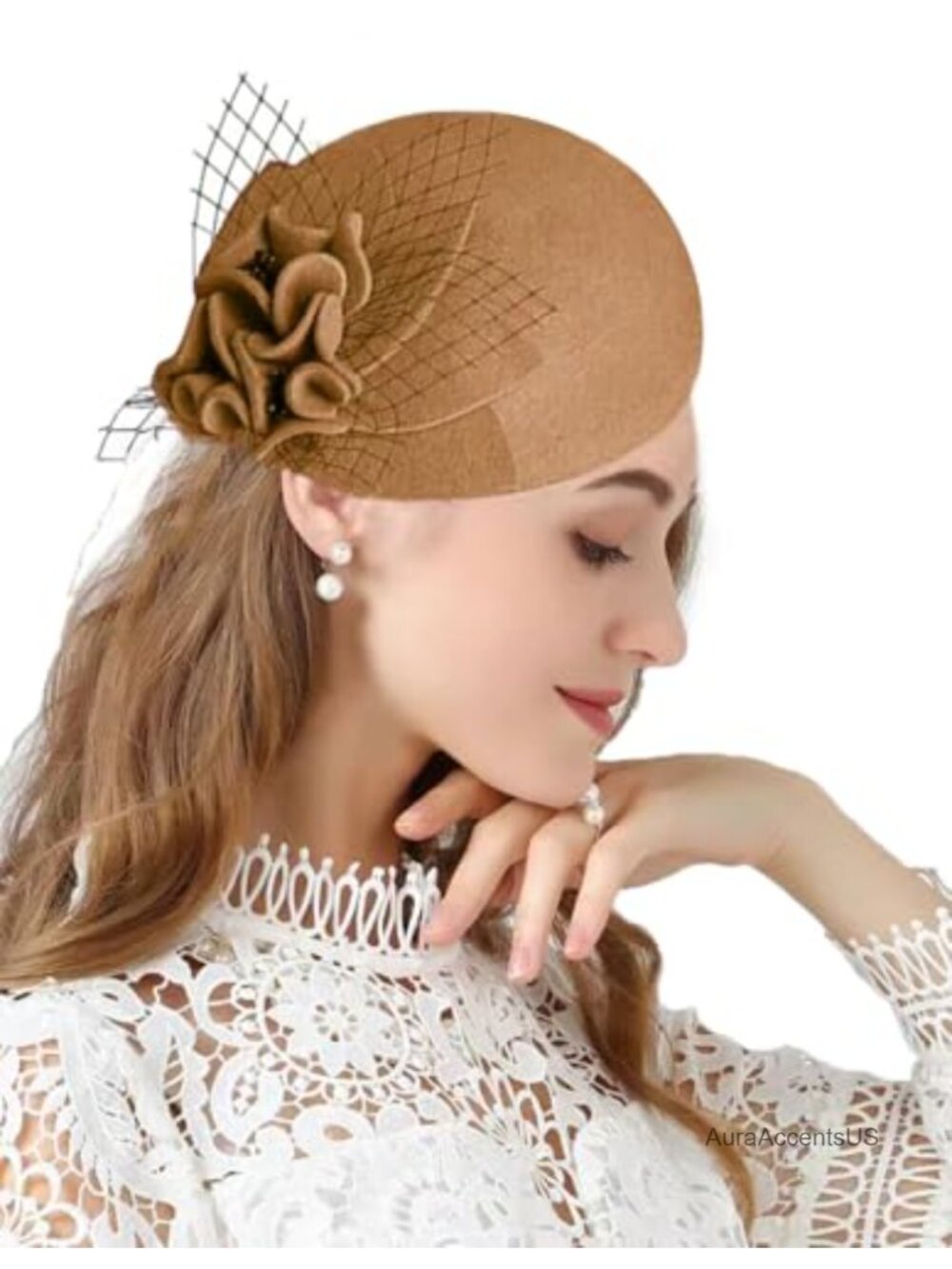 100% Wool Pillbox Hat Beret with Veil Women's Felt Fascinator Wedding Vintage